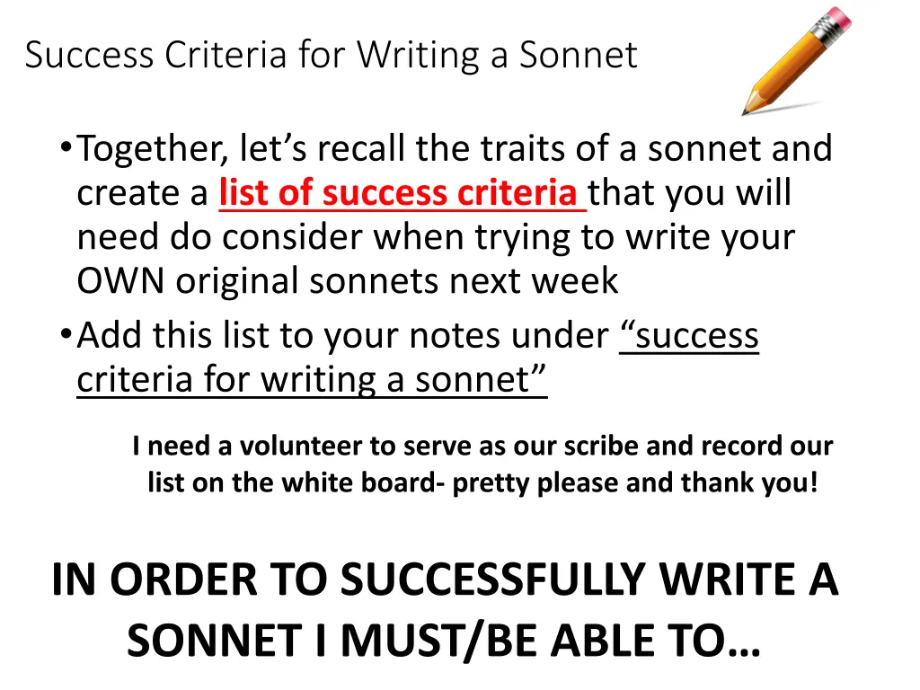 success criteria for writing a sonnet