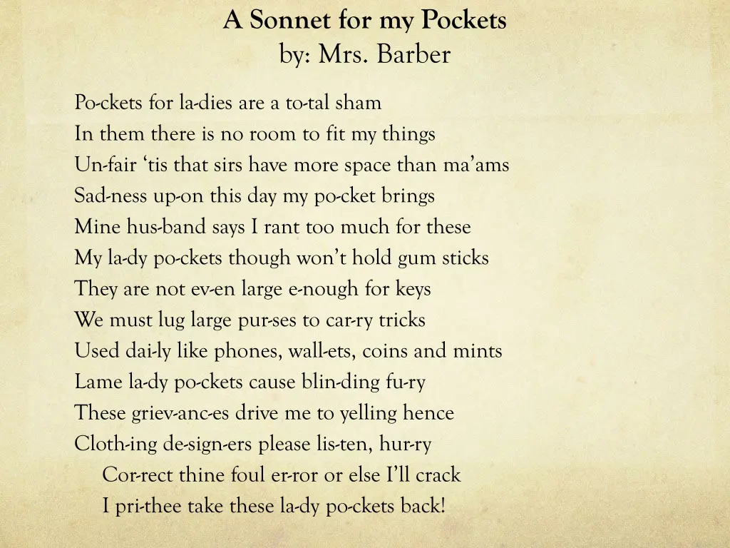 a sonnet for my pockets by mrs barber