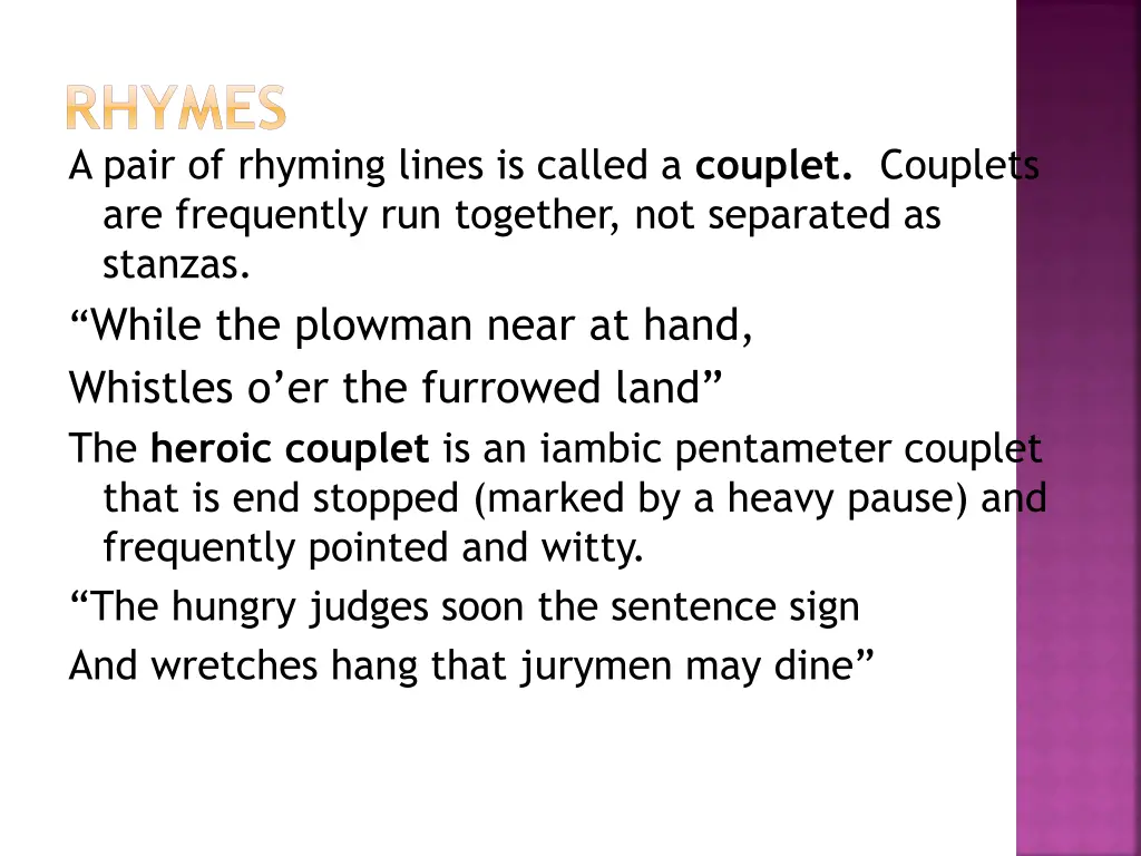 rhymes a pair of rhyming lines is called