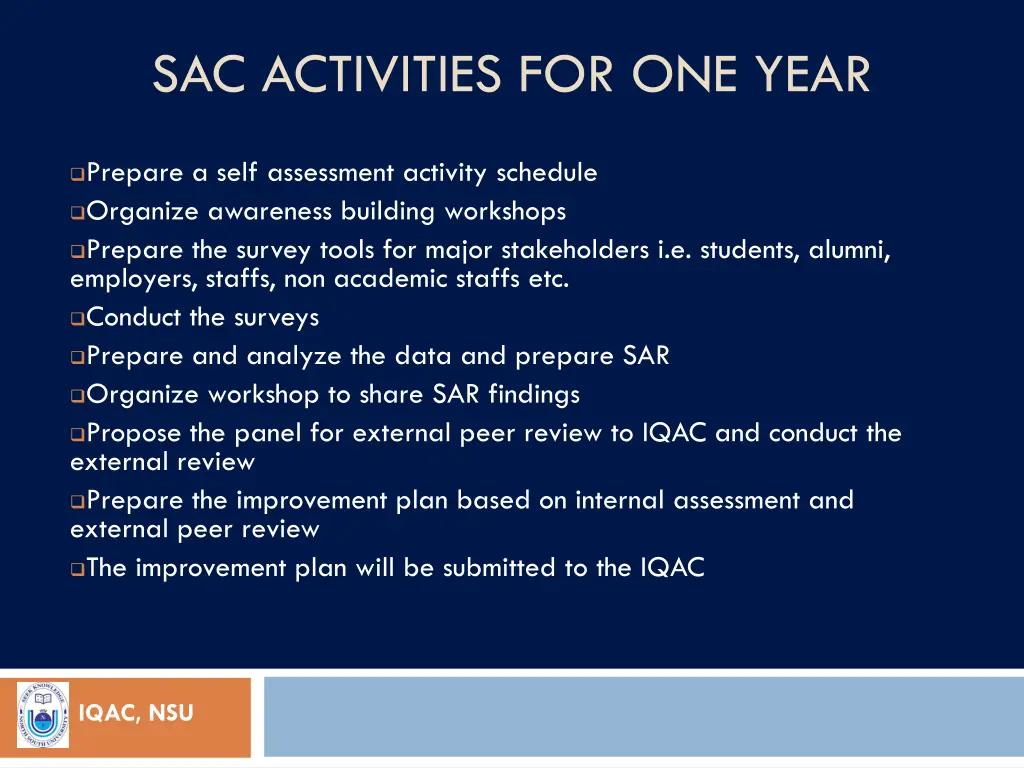 sac activities for one year