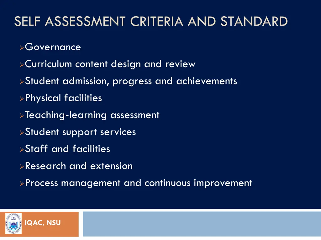 self assessment criteria and standard