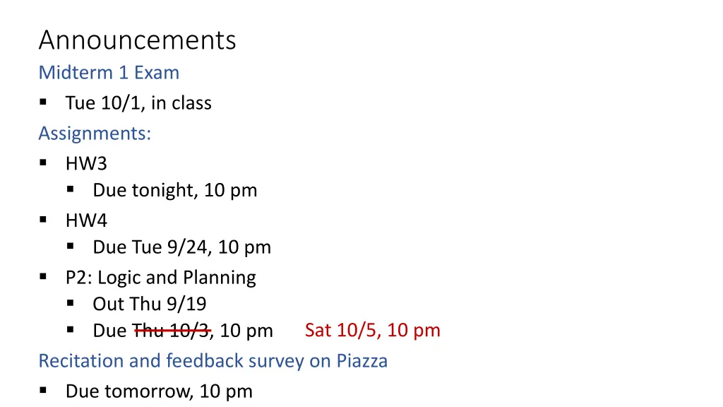 announcements midterm 1 exam tue 10 1 in class