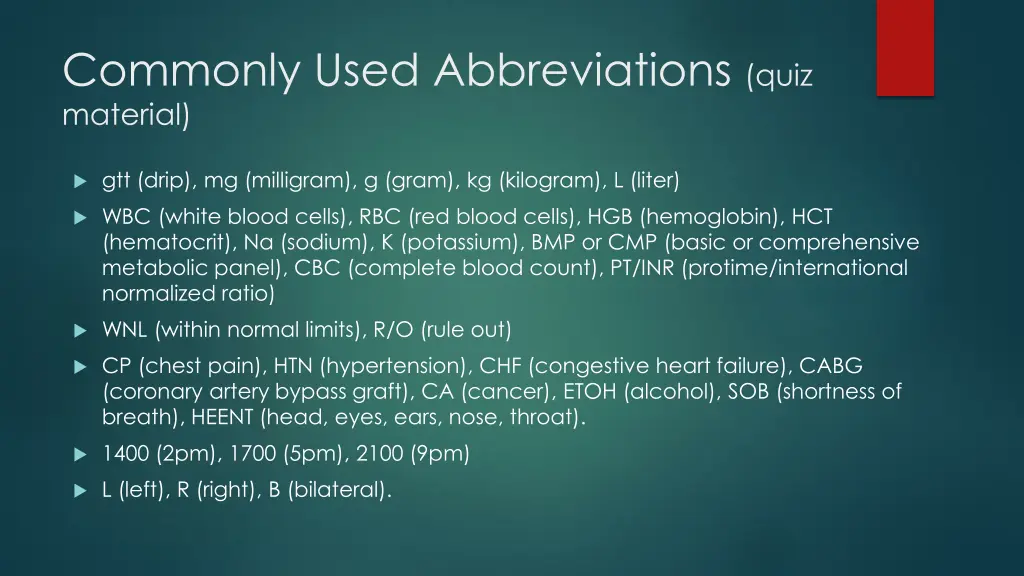 commonly used abbreviations quiz material 1