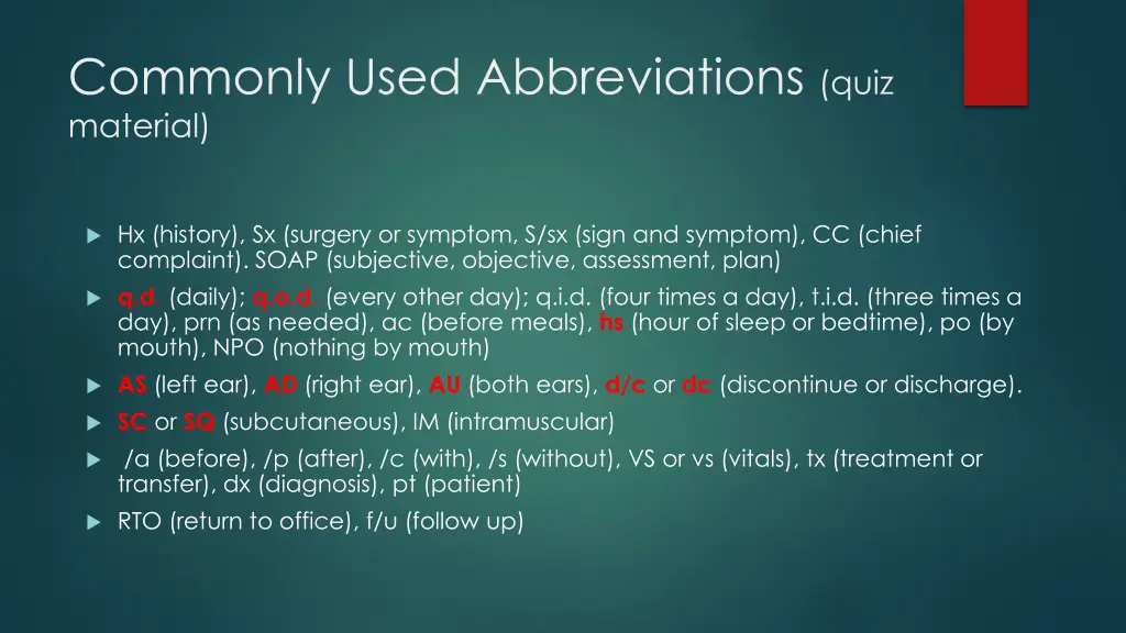 commonly used abbreviations quiz material