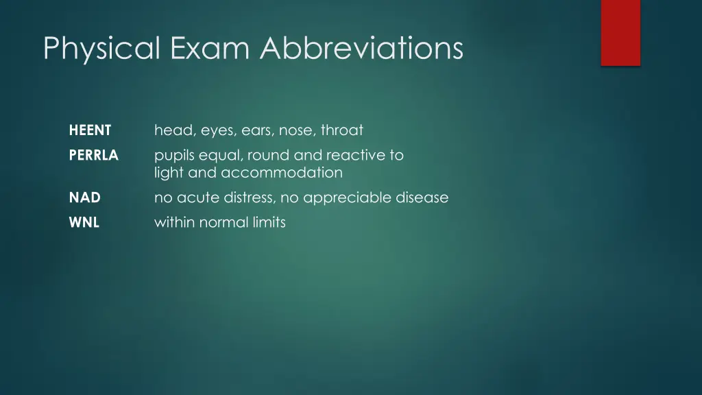 physical exam abbreviations