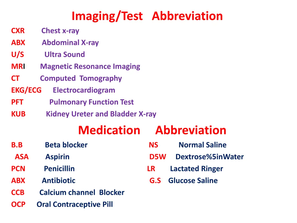 imaging test abbreviation chest x ray abdominal