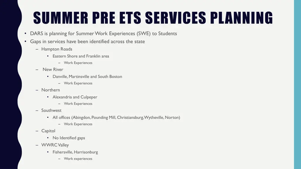 summer pre ets services planning