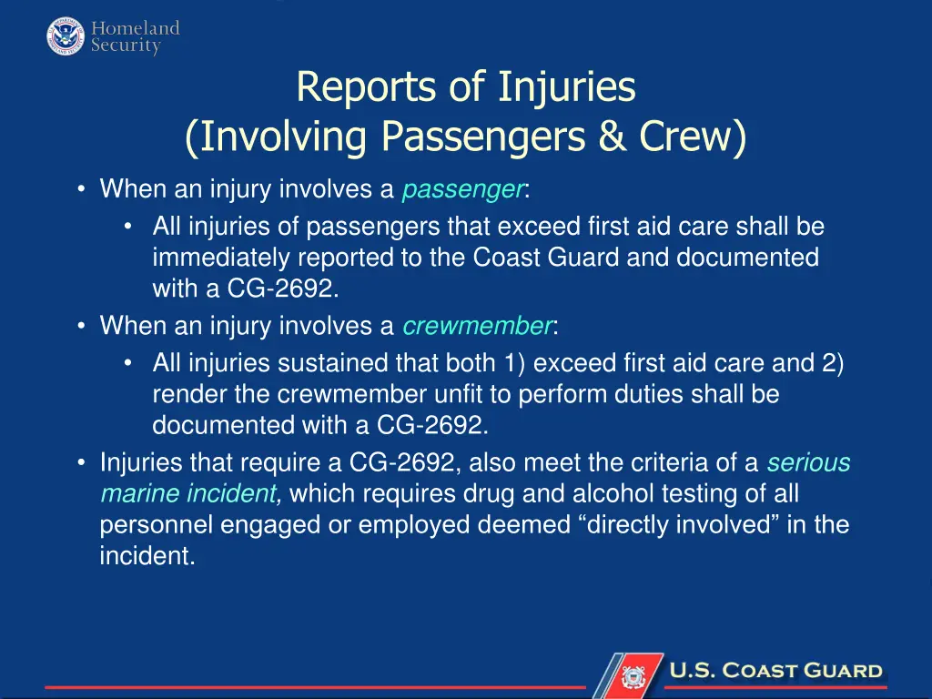 reports of injuries involving passengers crew