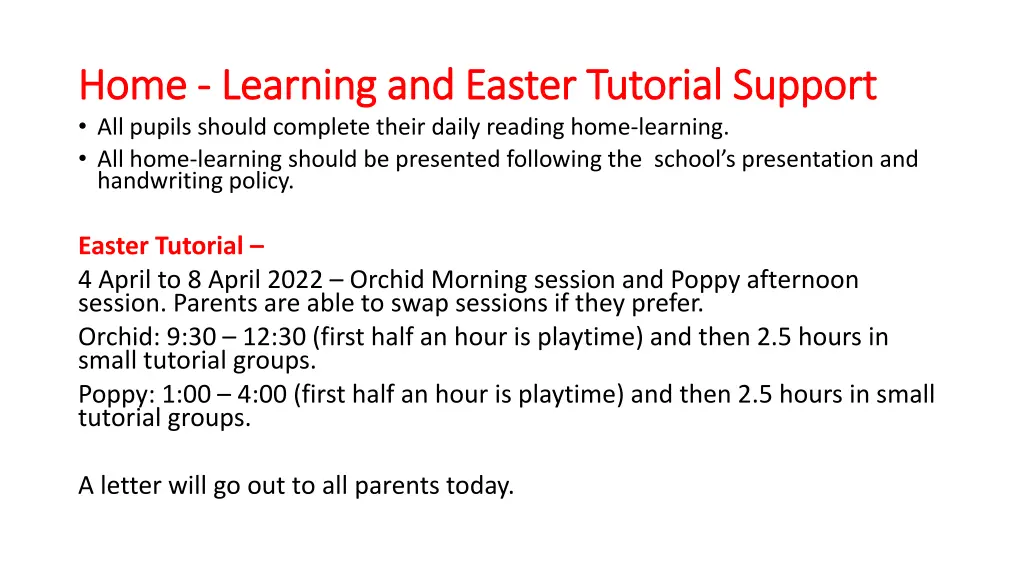 home home learning and easter tutorial support