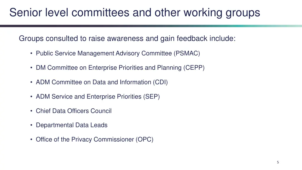 senior level committees and other working groups