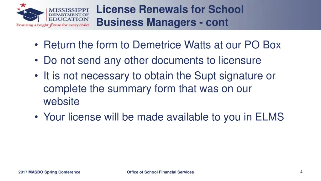 license renewals for school business managers cont