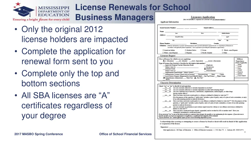 license renewals for school business managers