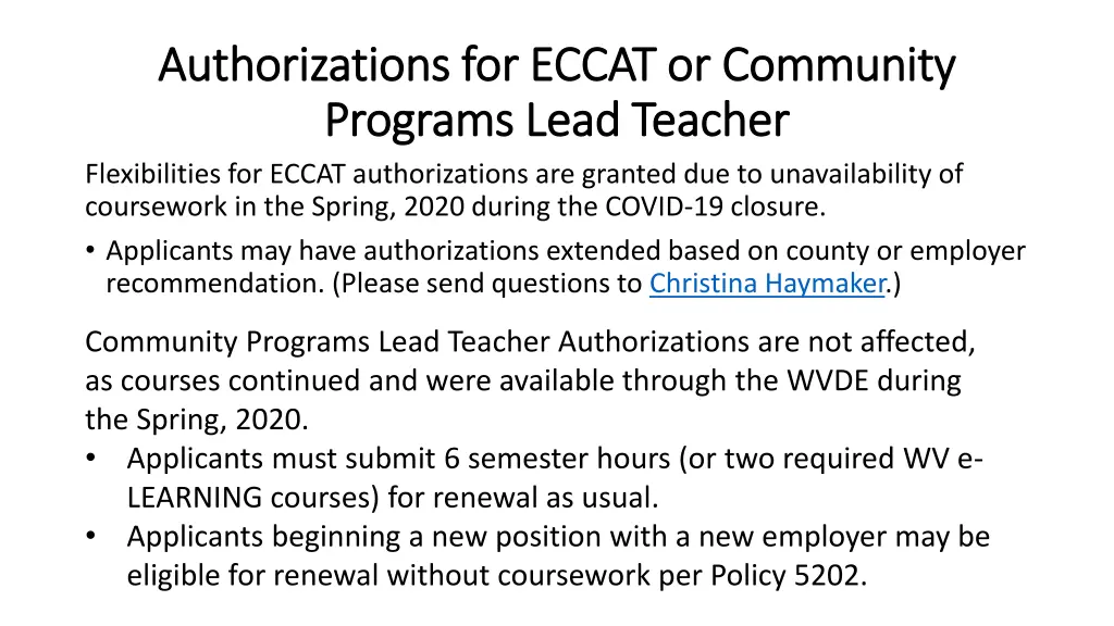 authorizations for eccat or community