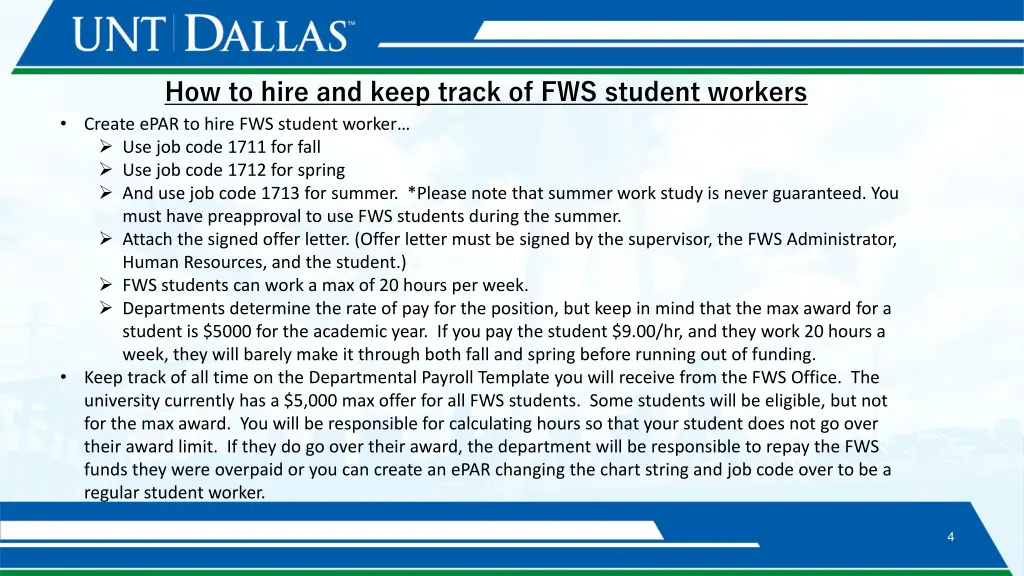 how to hire and keep track of fws student workers