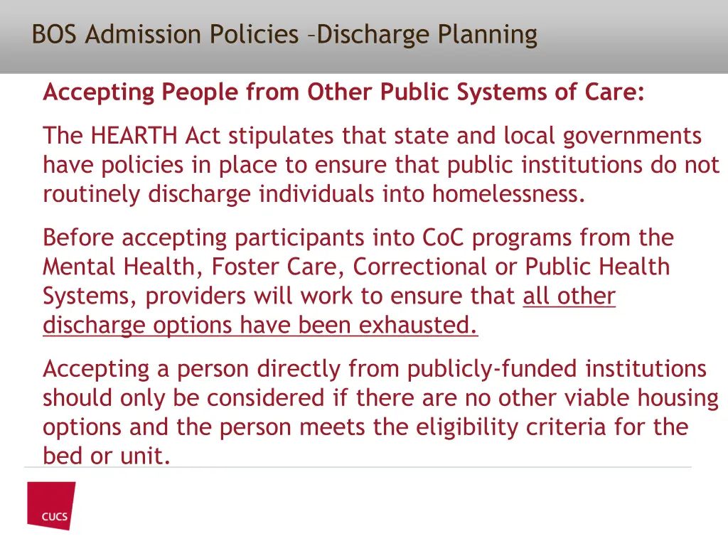 bos admission policies discharge planning