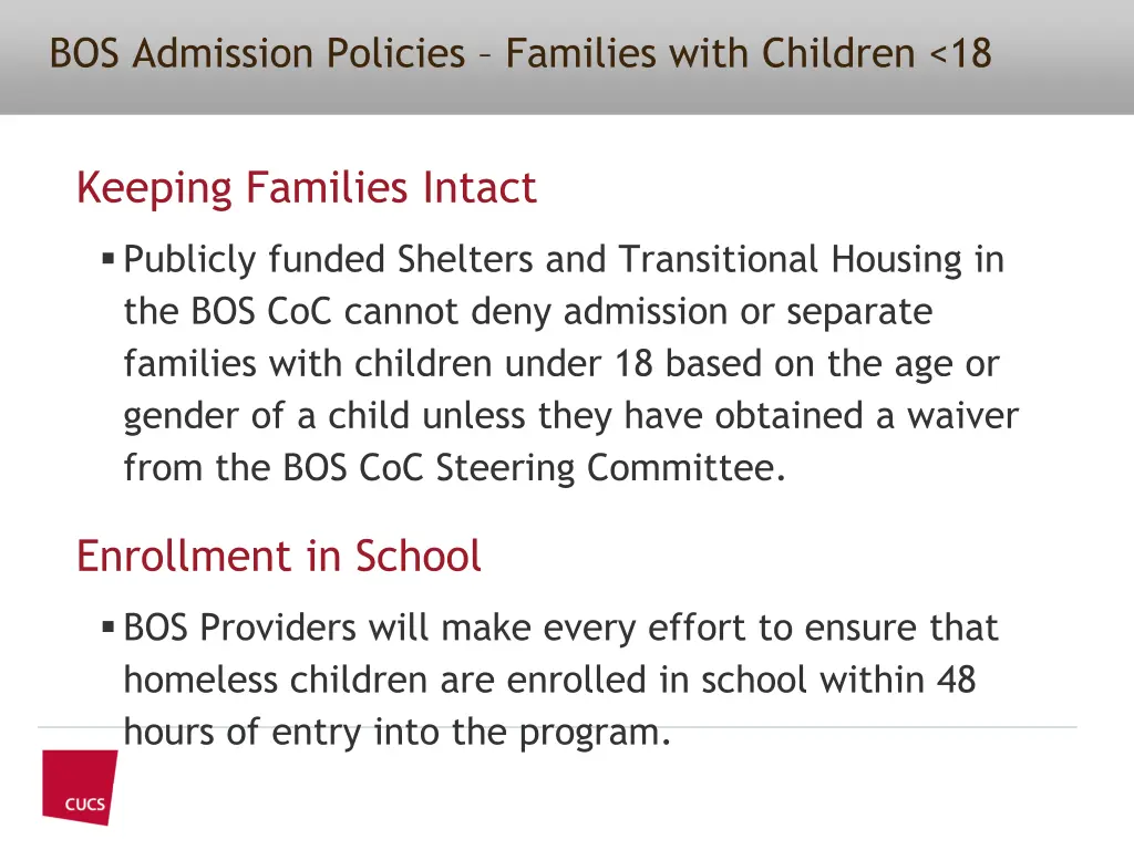 bos admission policies families with children 18