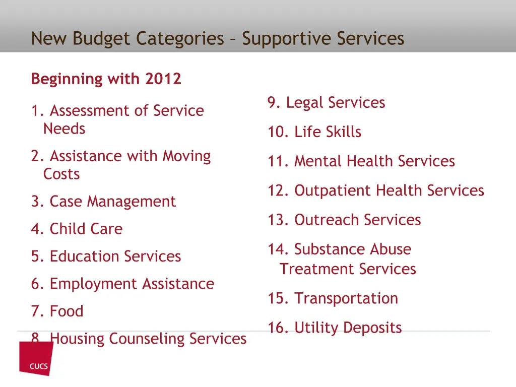 new budget categories supportive services