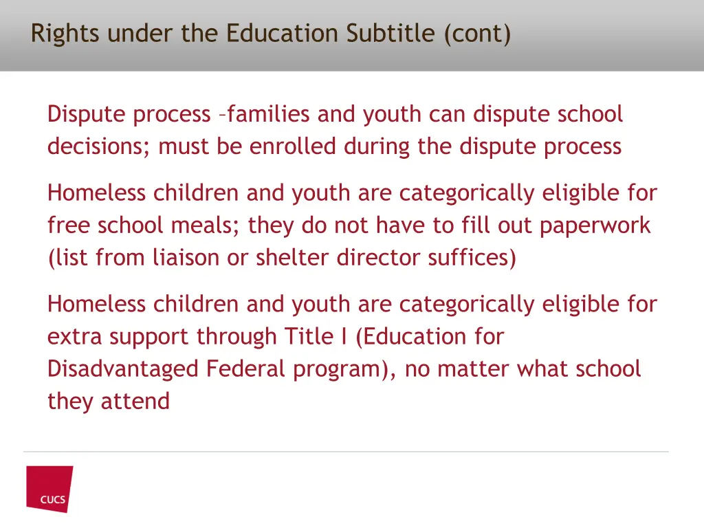 rights under the education subtitle cont