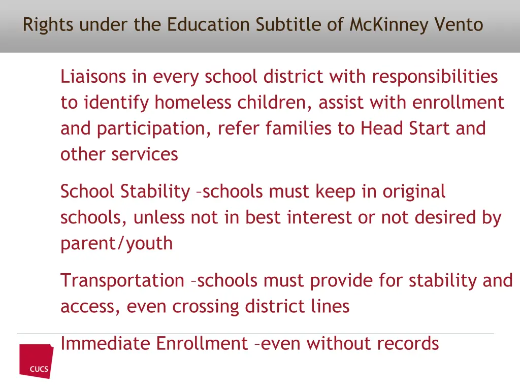 rights under the education subtitle of mckinney