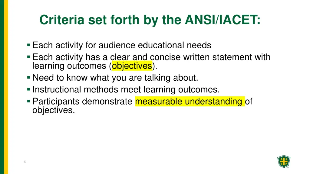 criteria set forth by the ansi iacet