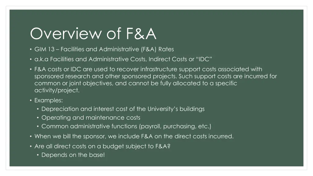 overview of f a gim 13 facilities