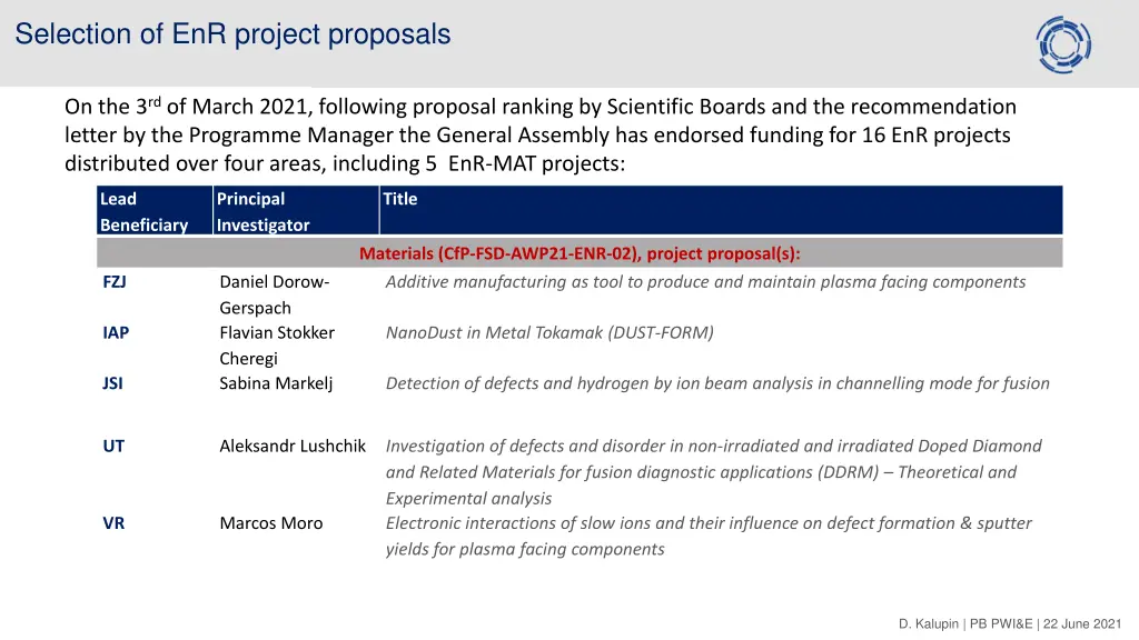 selection of enr project proposals