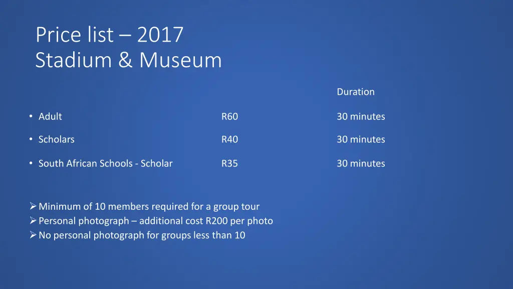 price list 2017 stadium museum