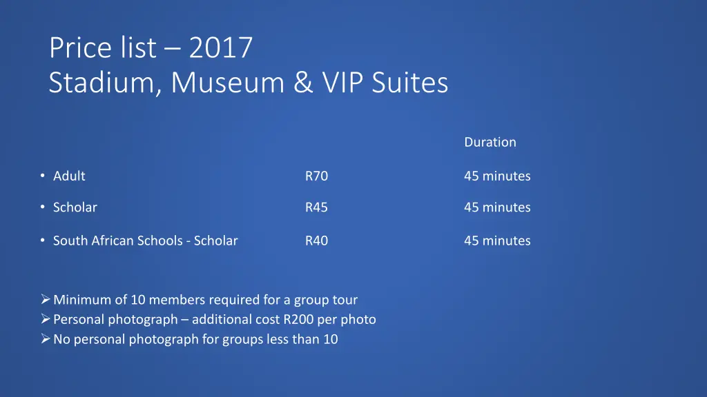 price list 2017 stadium museum vip suites