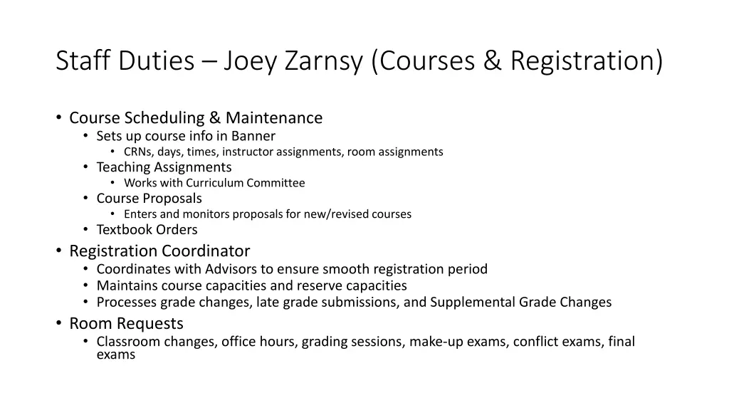 staff duties joey zarnsy courses registration