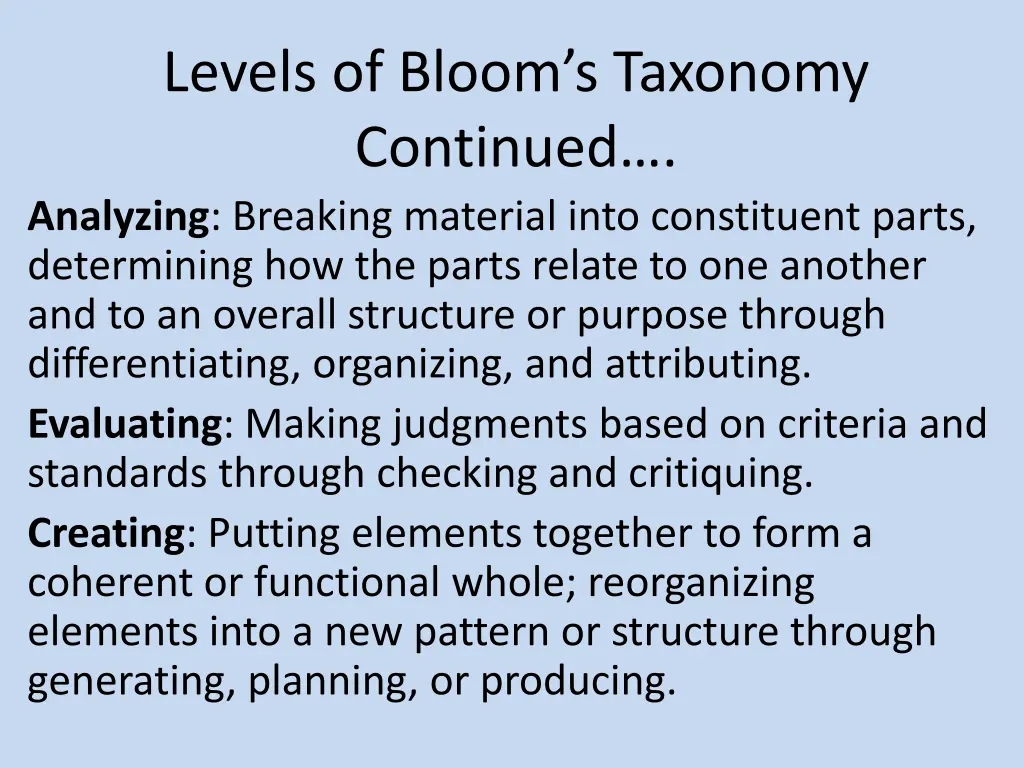 levels of bloom s taxonomy continued analyzing