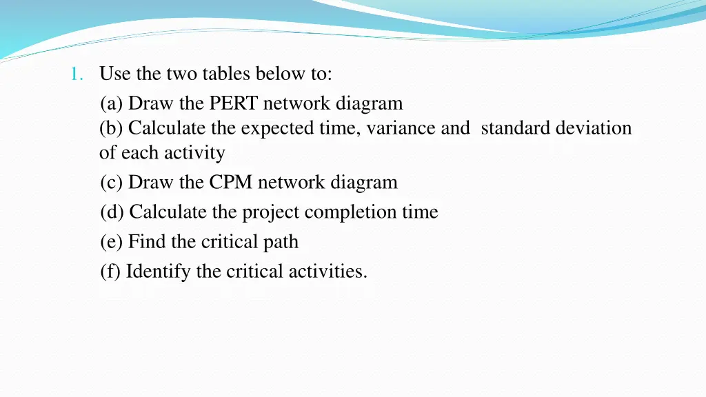 1 use the two tables below to a draw the pert