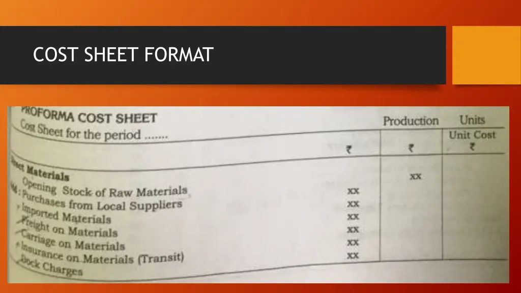 cost sheet format