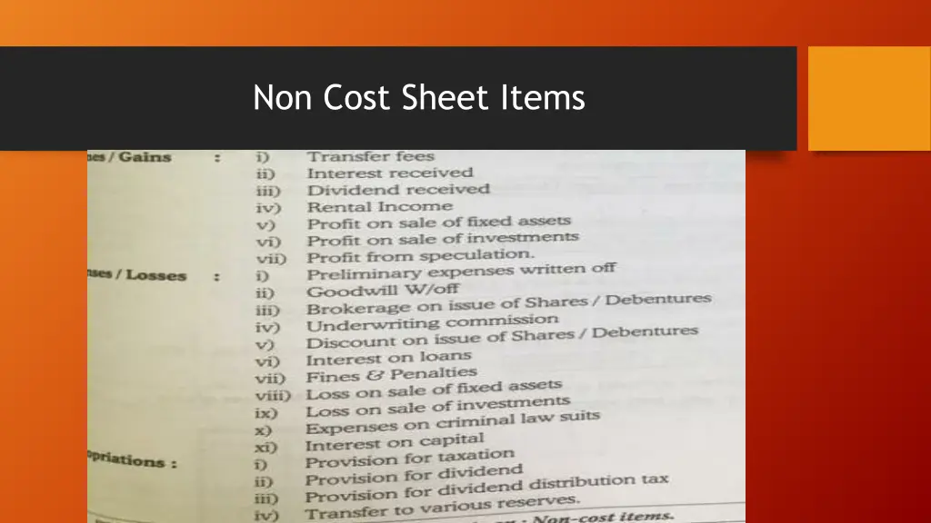 non cost sheet items