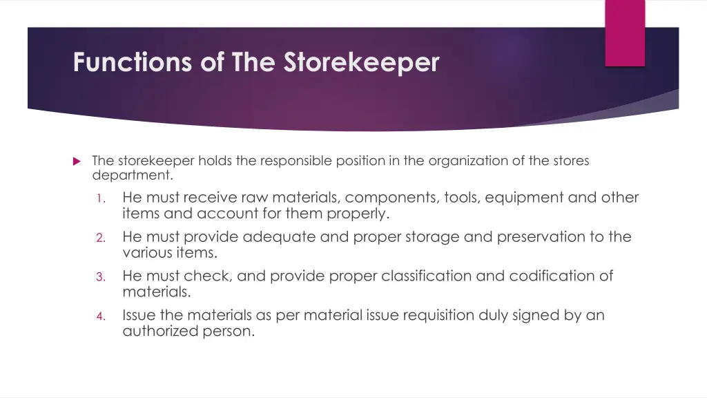 functions of the storekeeper