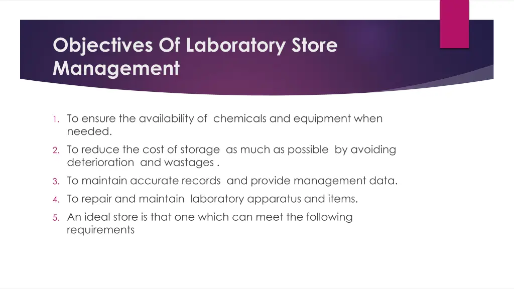 objectives of laboratory store management