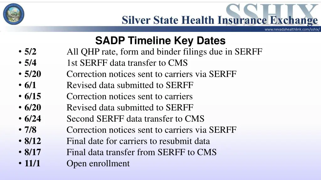 sadp timeline key dates all qhp rate form