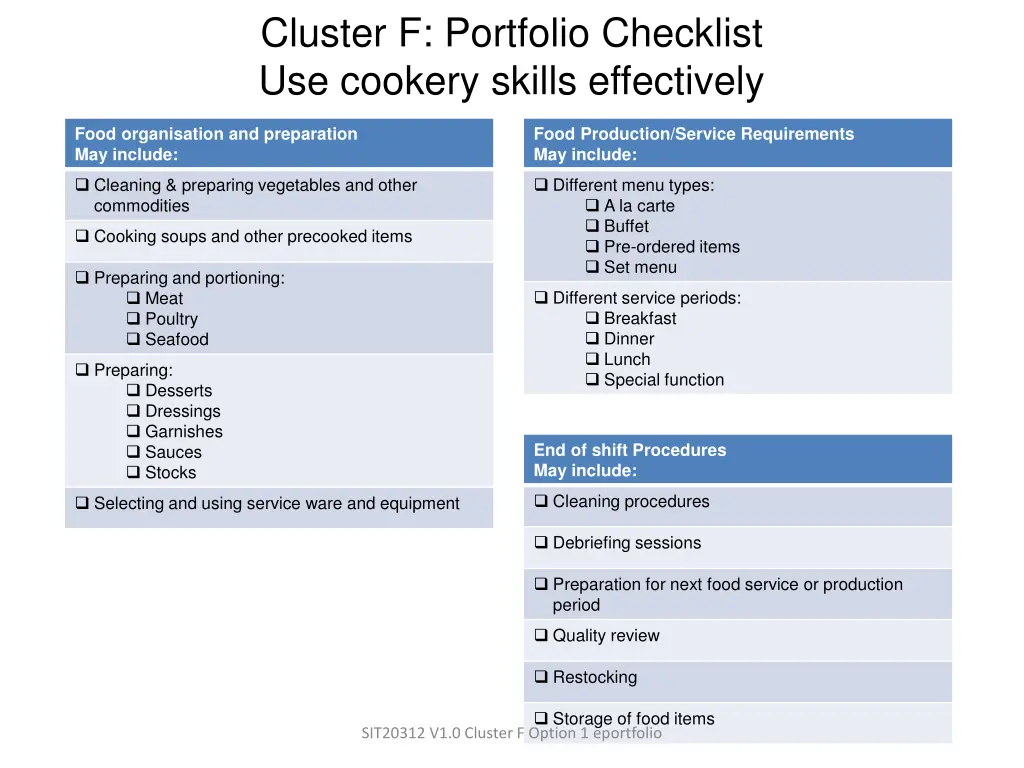 cluster f portfolio checklist use cookery skills