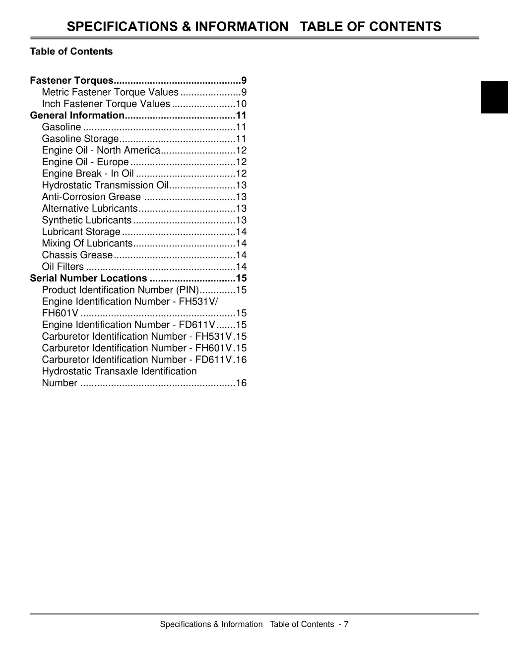 specifications information table of contents