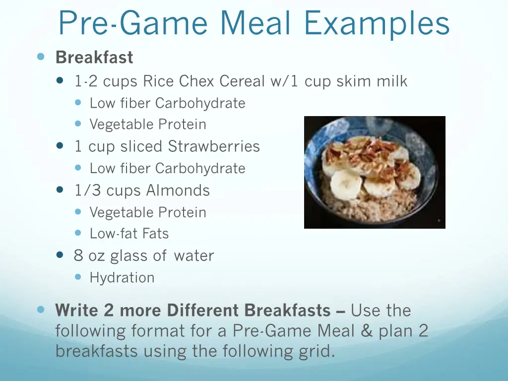 pre game meal examples breakfast 1 2 cups rice