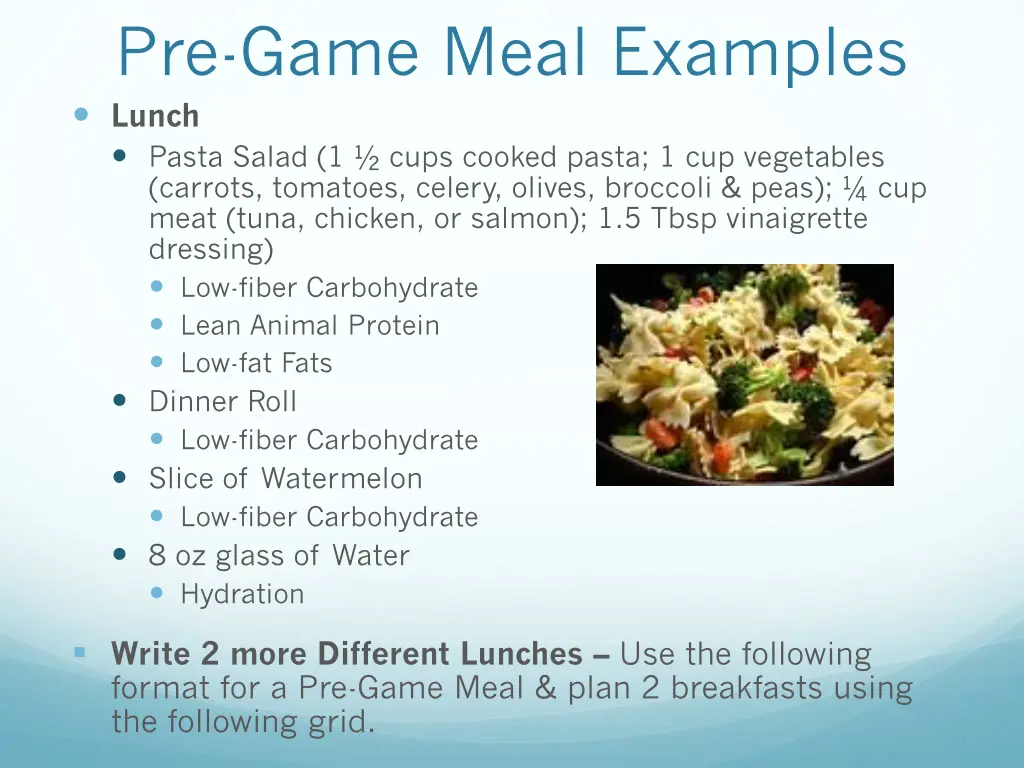 pre game meal examples lunch pasta salad 1 cups