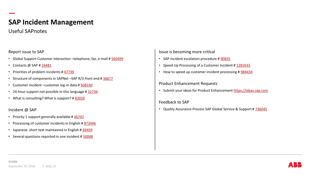 sap incident management useful sapnotes