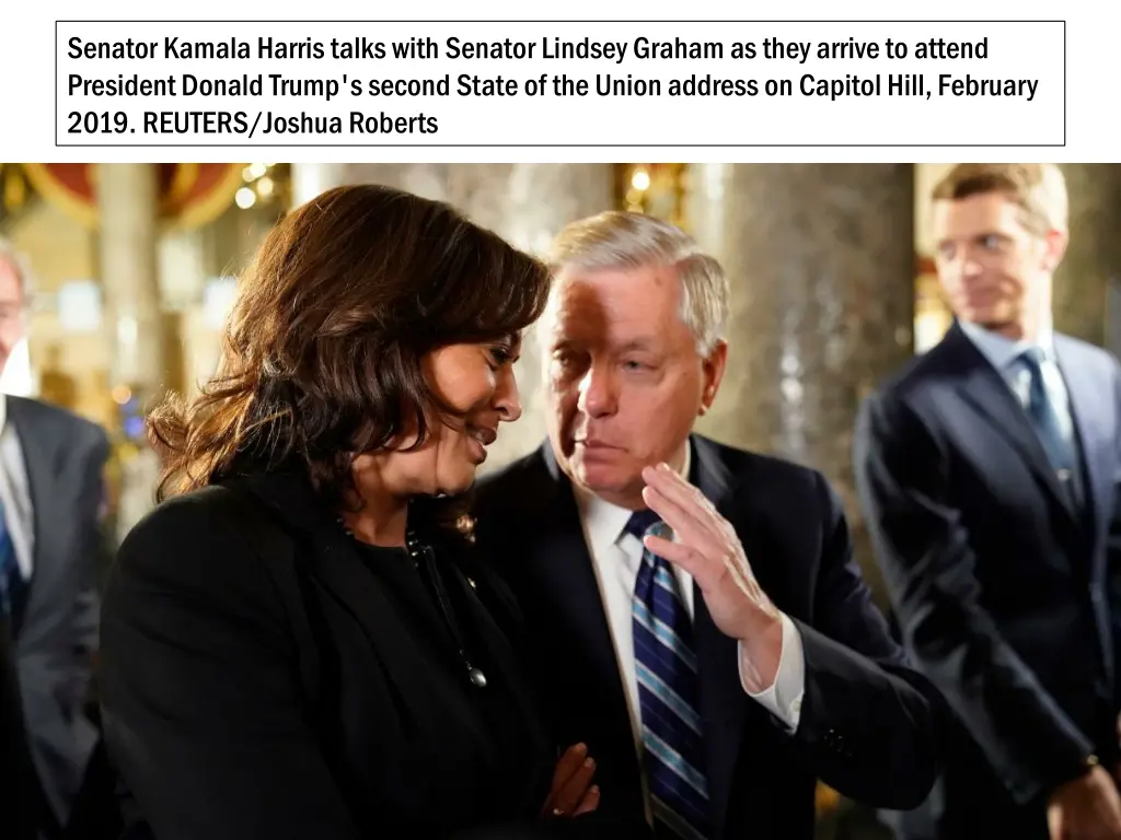 senator kamala harris talks with senator lindsey