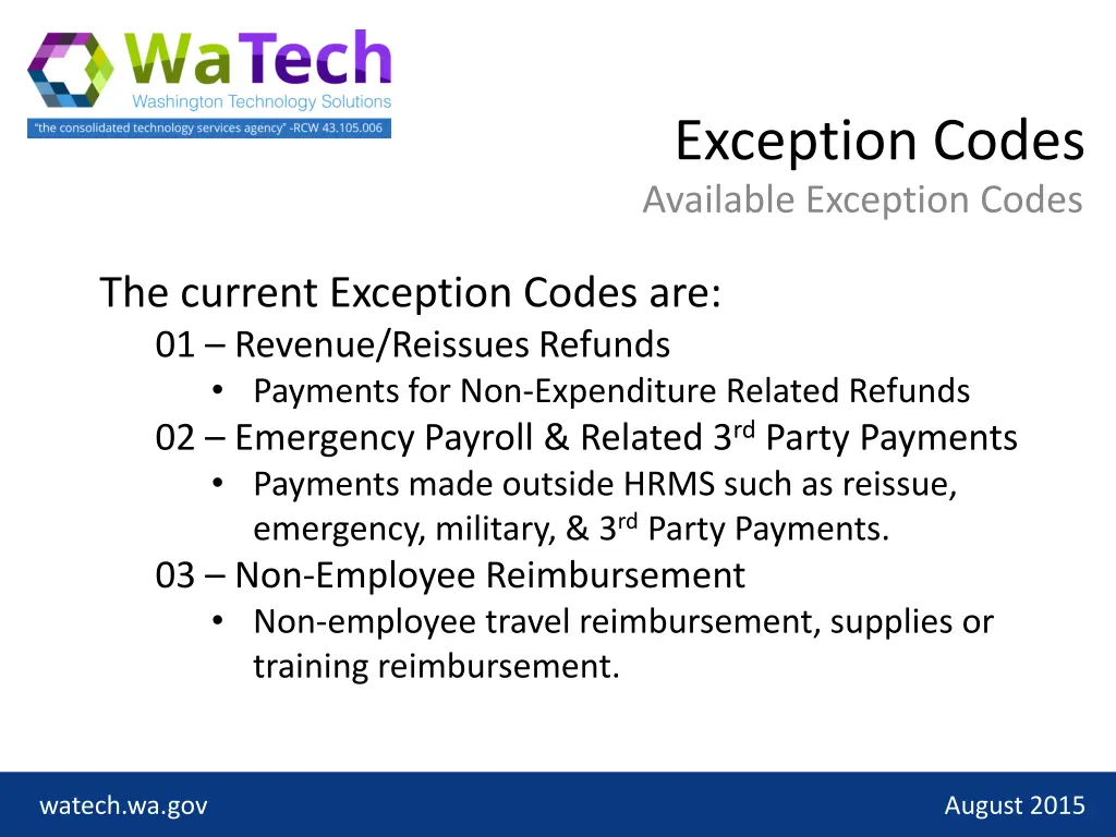 exception codes available exception codes