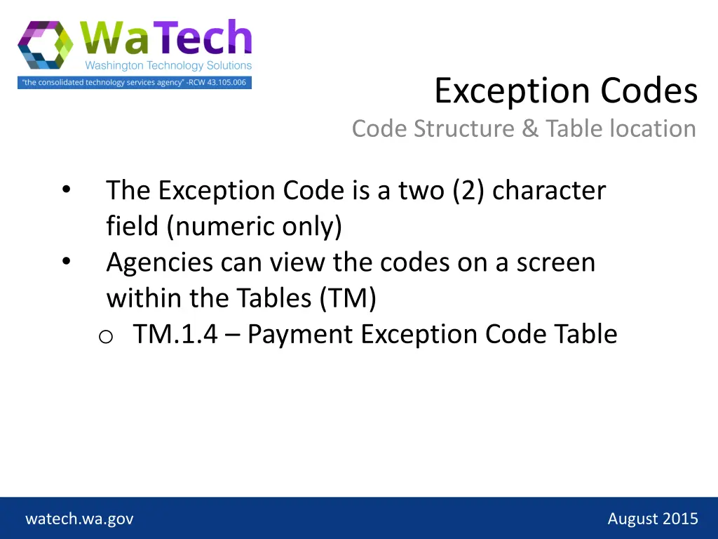 exception codes code structure table location