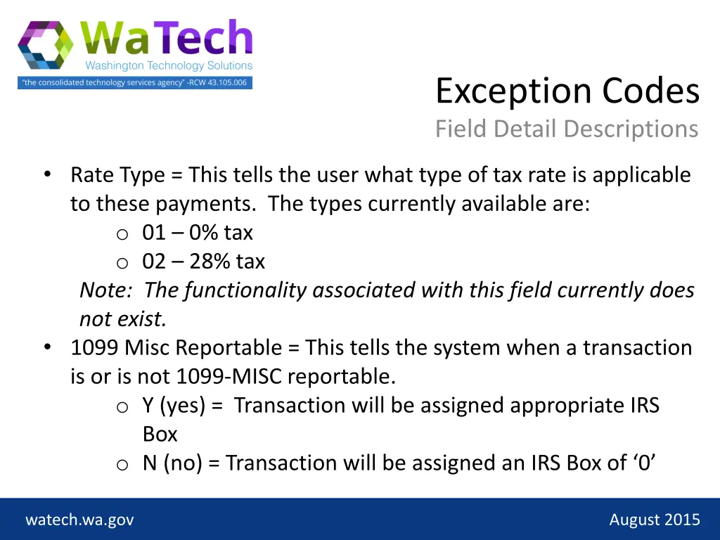 exception codes field detail descriptions 2