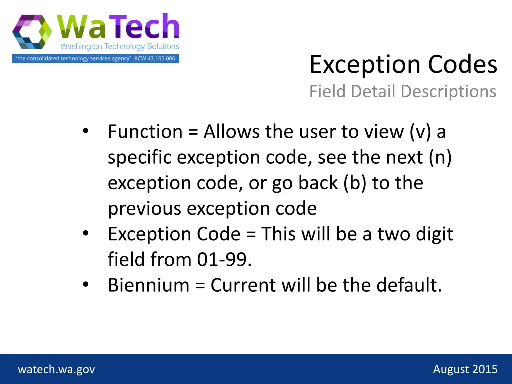 exception codes field detail descriptions