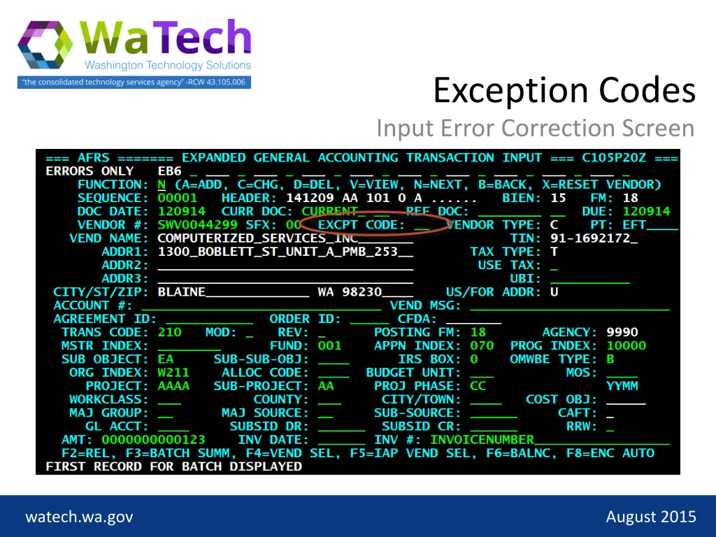 exception codes input error correction screen