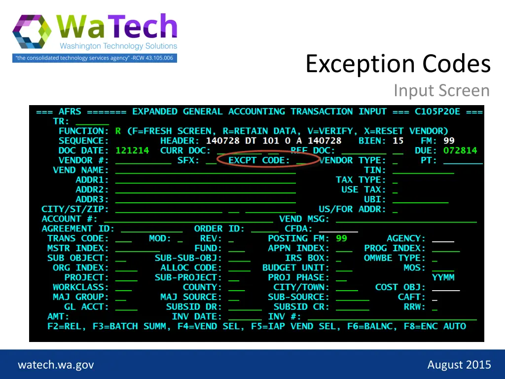 exception codes input screen