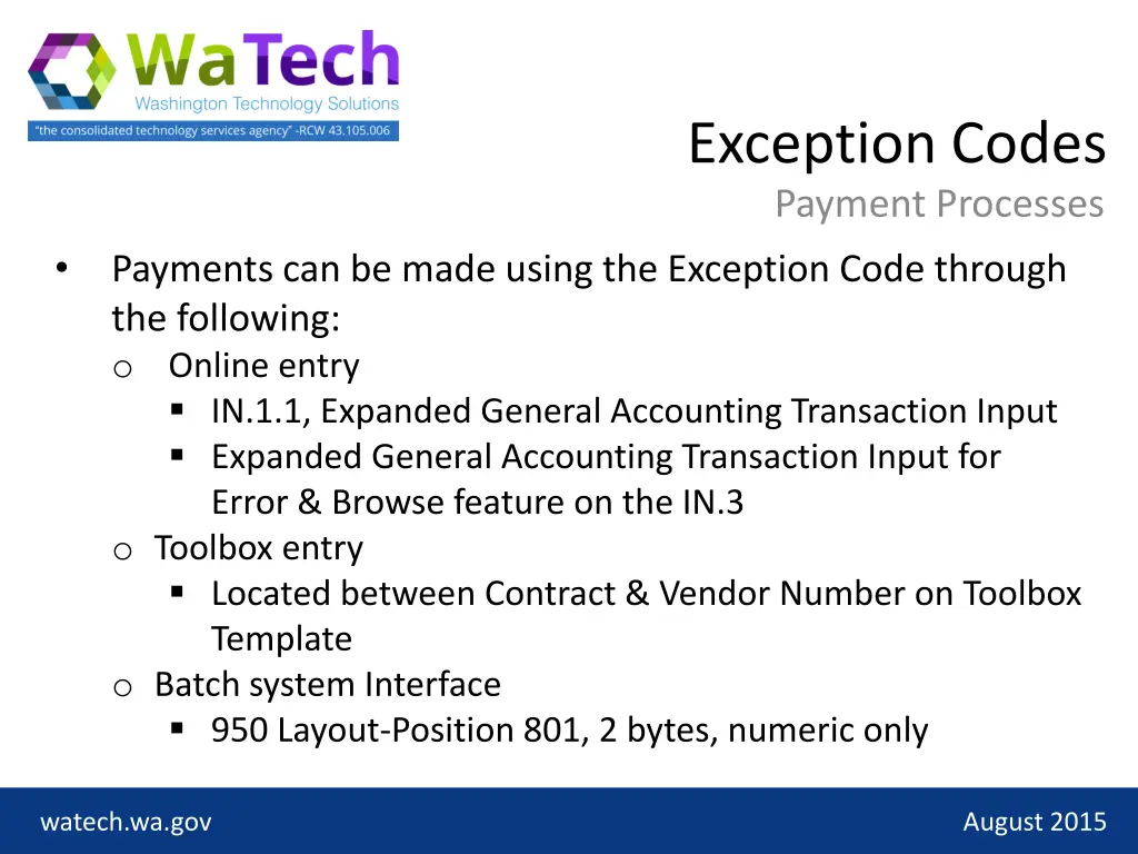 exception codes payment processes