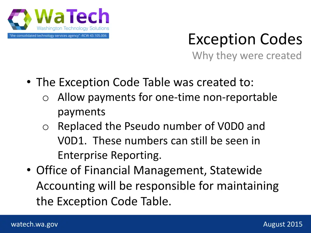 exception codes why they were created